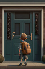 "Excited boy back to school in front of the building. 🎒🏫"