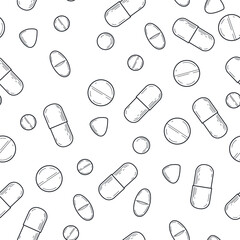 Vector seamless pattern with medical drugs. Capsules and pills hand drawn on white background. 