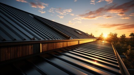 corrugated metal roof installed in a modern house. Corrugated metal roof Modern roof made of metal Metal sheet roof. - obrazy, fototapety, plakaty