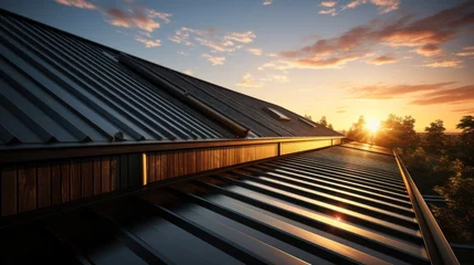 Fotobehang corrugated metal roof installed in a modern house. Corrugated metal roof Modern roof made of metal Metal sheet roof. © sirisakboakaew