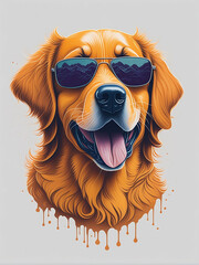 "Illustration of a happy Golden Retriever dog face wearing trendy sunglasses. T-shirt design for dog lovers. 🐶😎"