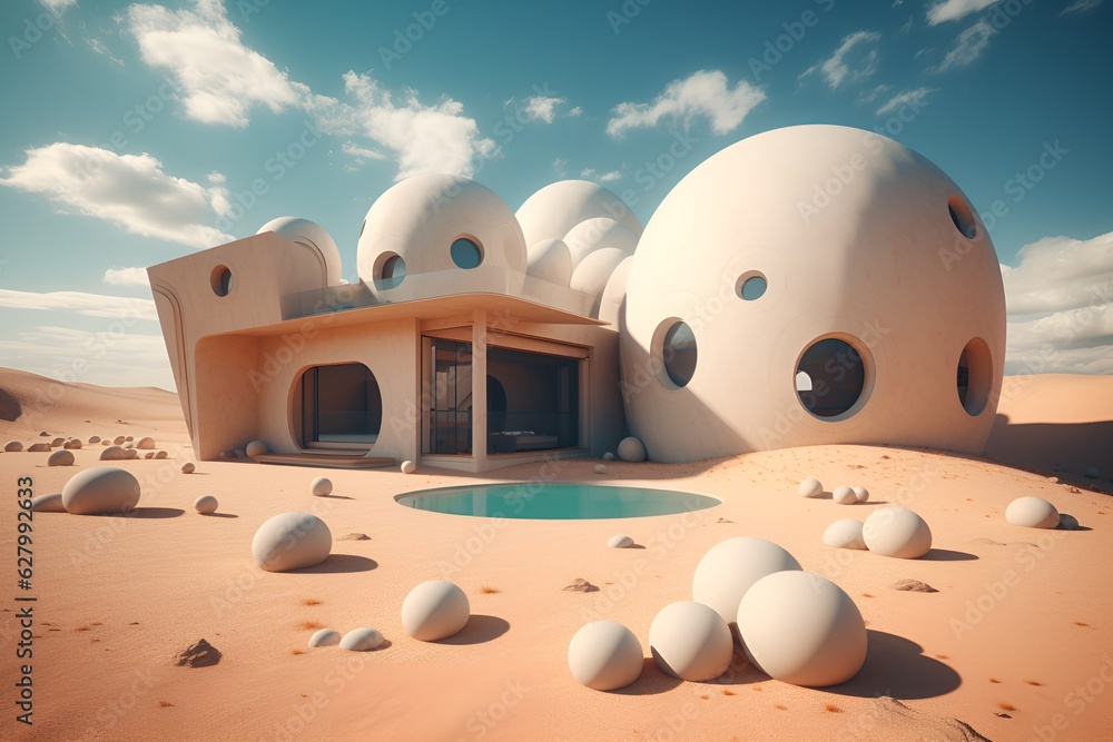 Poster a house made up of several linked spheres shoot in a desert of sand with a precious pool inspired by