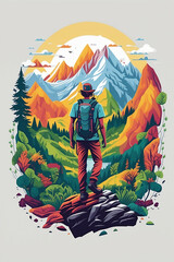 Vibrant graphic design of a trekker amidst lush forest mountains. Artistic t-shirt artwork for nature enthusiasts