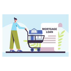 Young female carry cart with house inside, reading loan contract. Mortgage loan for young people concept. Bank-provided funding for credit and loan. Flat vector illustration in blue colors