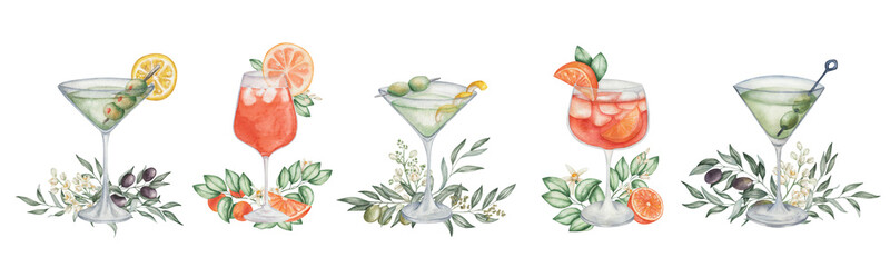 Watercolor set of illustrations. Hand painted aperol spritz and dirty martini cocktails in martini glass. Alcohol drinks in glass with orange, lemon, olives, leaves, flowers, ice. Isolated clip art