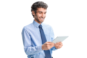 Young man using his tablet on a transparent background.