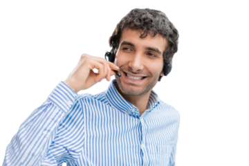 Smiling friendly handsome young male call centre operator on a transparent background.