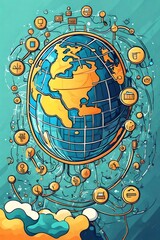 Obraz na płótnie Canvas Cartoon image illustrating how the world is interconnected through technology.