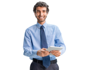 Manager use his tablet for online checking products available on a transparent background.