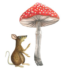 Watercolor illustration of mouse and fly agaric, composition isolated on transparent background