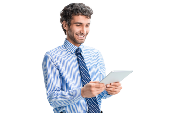 Young man using his tablet on a transparent background.