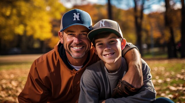 man and son with baseball cap smiling at at baseball stadium.