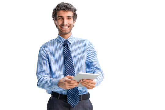 Manager use his tablet for online checking products available on a transparent background.