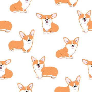 Seamless Pattern of Cute Cartoon Corgi Dog Design on White Background