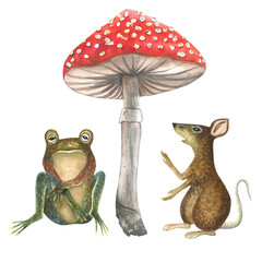 Watercolor illustration of mouse, fly agaric and frog, composition isolated on transparent background