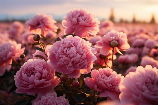 Fresh bunch of red peonies pink flowers, natural shine effect. Vivid floral wallpaper, background from flower petals