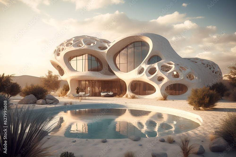 Poster a house made up of several linked spheres shoot in a desert of sand with a precious pool inspired by