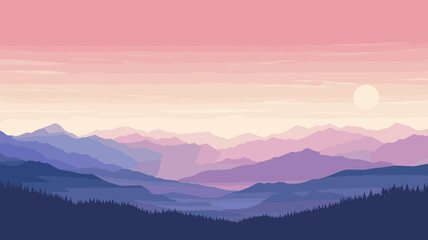 AI generated. Vector illustration. View of an alpine landscape. Simple vector illustration, with meadows and alpine mountains in the background.  soft purple tones