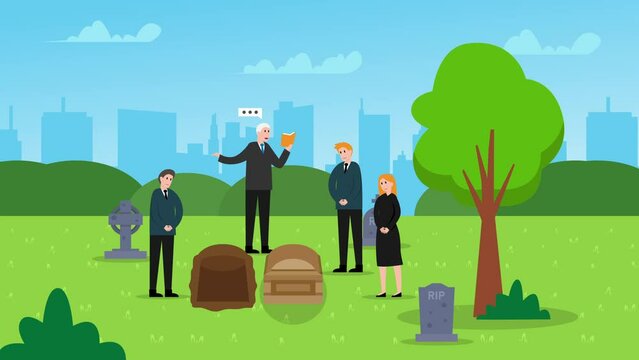 funerary ceremonial group of sad people in black mourning clothes standing near coffin in graveyard