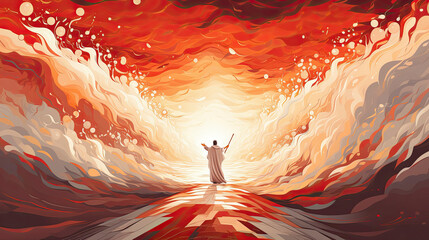 Moses holds out his staff. Parted Seas. Christian illustration.
