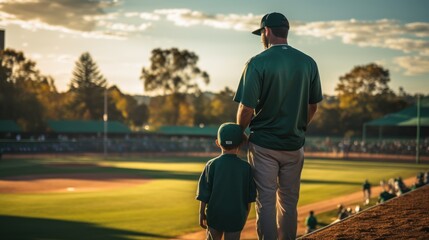 father and son holding hands at baseball stadium.