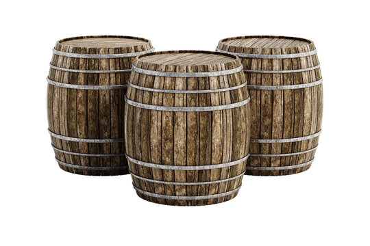 Wooden barrels isolated on transparent background. 3D illustration