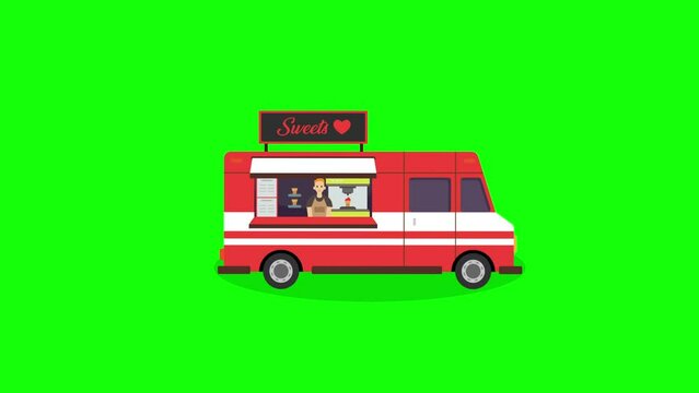 Loop animation of ice cream truck moving on green screen