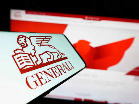 Stuttgart, Germany - 07-25-2023: Cellphone with logo of insurance company Assicurazioni Generali S.p.A. on screen in front of business website. Focus on center of phone display.