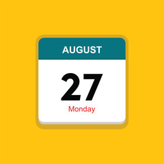 monday 27 august icon with yellow background, calender icon