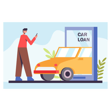 Young male take picture of car. Online loan via smartphone. Car loan service via modern gadget concept. Get fast money concept. Flat vector illustration in blue colors in cartoon style