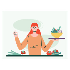 Happy female cooked natural salad with onion, tomatoes and peas. Choose of meal with vegetables. Healthy vegetarian dinner concept. Flat vector illustration in cartoon style in blue colors