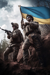 Soldiers with the Ukrainian flag. Military of Ukraine. Battlefield and weapons.