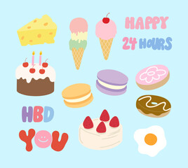 Hand drawn birthday cake, ice cream cone, cheese, macaron, donut, fried egg for sweet desserts, birthday elements, cafe, restaurant, menu, recipe, baking icons, grocery shopping, supermarket, snack