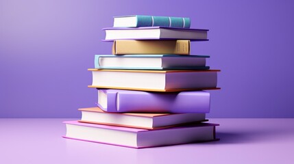 Fototapeta premium 3d render stack of books and paper on purple background. Created with generative AI.