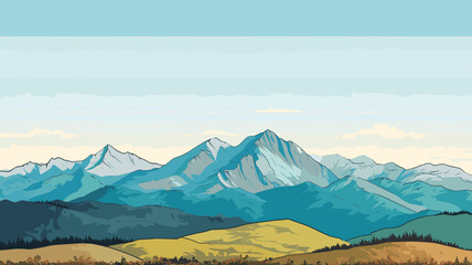 AI generated. Vector illustration. View of an alpine landscape. Simple vector illustration, with meadows and alpine mountains in the background