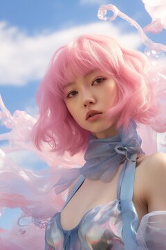 A beautiful portrait of a romantic pastel girl with pink hair and a blue scarf, adorned with a delicate hairpiece and surrounded by soft, flower-filled skies