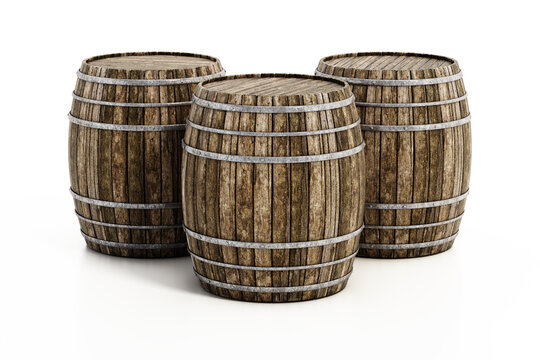 Wooden barrels isolated on white background. 3D illustration