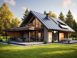 Fototapeta na wymiar Modern house with solar panel roof, bright sky, beautiful garden. Generative ai