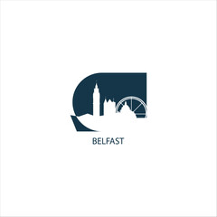 UK Belfast icon as cityscape, skyline, city panorama. Vector flat logo. United Kingdom, Northern Ireland emblem with landmarks and building silhouettes