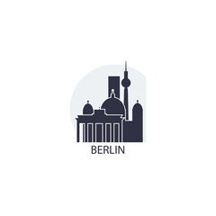 Germany Berlin cityscape skyline capital city panorama vector flat modern logo icon. Central Europe region emblem idea with landmarks and building silhouettes at sunset sunrise