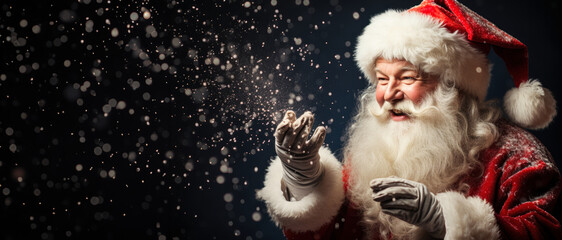 Christmas Spirit: Santa Blowing Magic Snow with Copy Space for Merry Christmas wishes