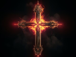 Glowing cross with glowing lights, epic cross illustration. Generative ai