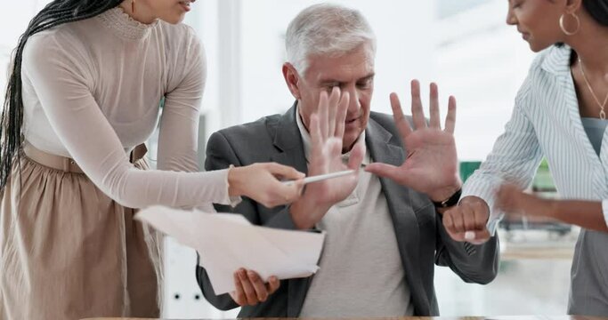 Time management fail, multitask and chaos, old man in business with team, crisis and stress. Headache, anxiety and burnout, problem with schedule and overworked with people and documents in workplace