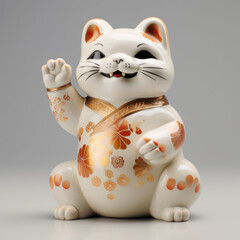 A white and orange cat figurine sitting on a table. Digital image. Lucky cat figurine.