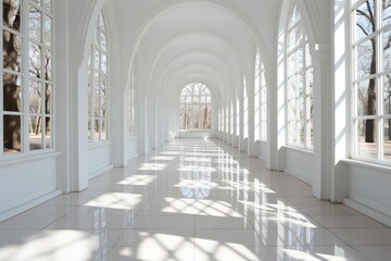 A long hallway with arched windows and white tile flooring. Digital image.