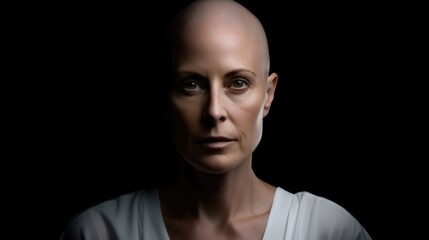 Emotional portrait of a bald woman on black background