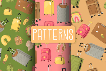 3 Seamless patterns of travel items. Different shapes and colors suitcases for adults and children. Airplane pillows and hats, bags and backpack. Vector illustration for paper or textile.