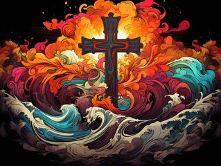 Colorfull and wavy cross artwork. Generative ai