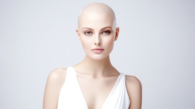Emotional portrait of a bald fashion model woman on white background