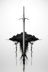 A sword in the middle of a pile of dirt. Digital image.